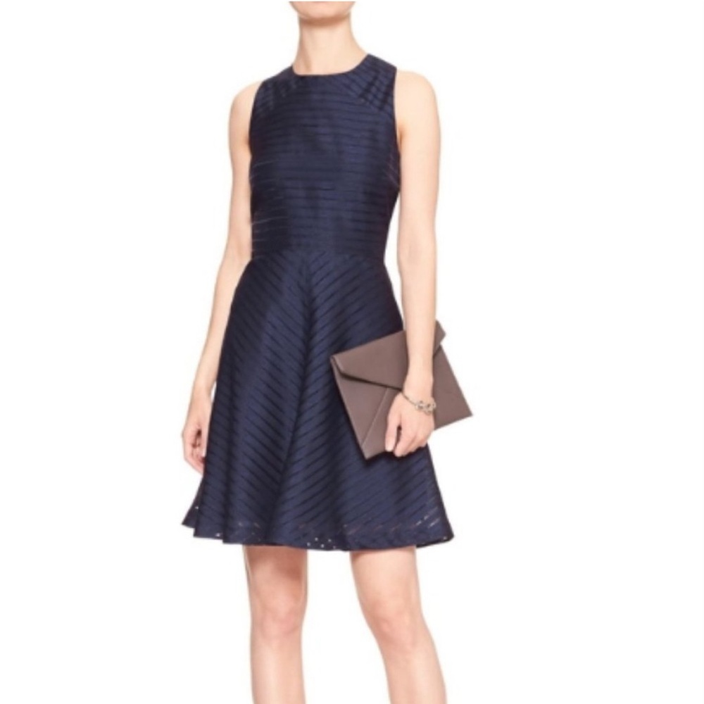 Banana Republic Womens Sheer-Stripe Fit & Flare Navy Blue Dress 12P Gilmore Girl